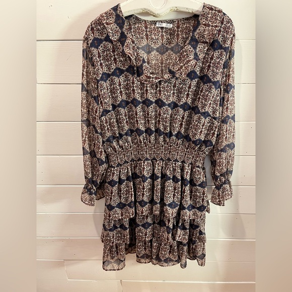 💙 DEX – Navy, Cream & Burgundy Print Dress – Size 2X - Picture 6 of 11